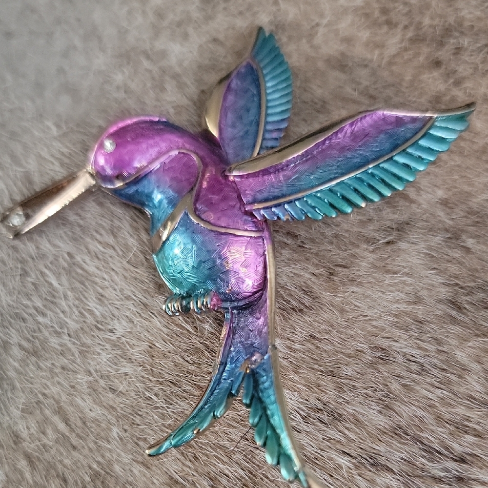 Vtg. Blue & Purple Enamel Hummingbird, Gold Trim, Rhinestones